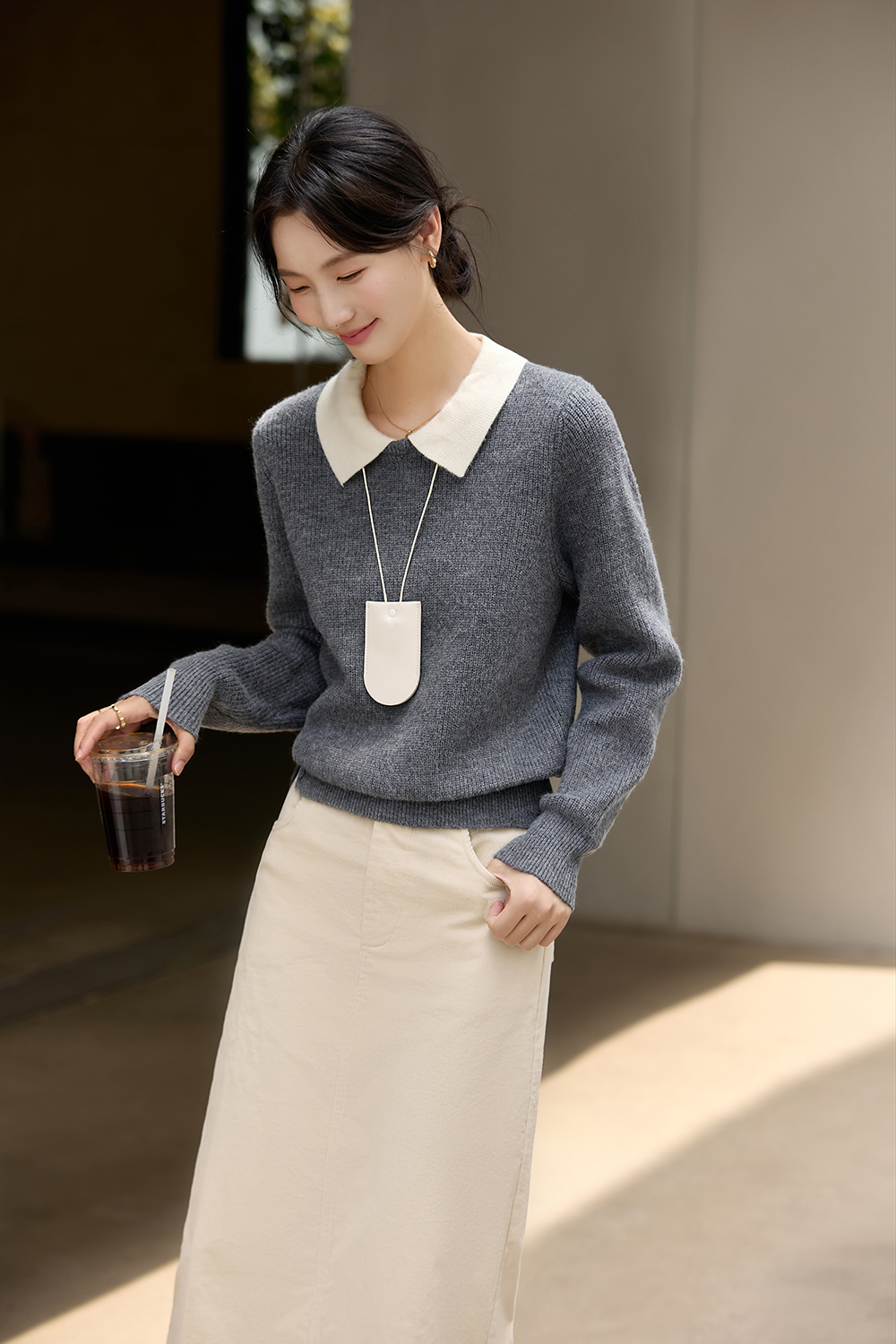 Gray Patchwork Notched Collar Knit Top-VIMLYSTORE