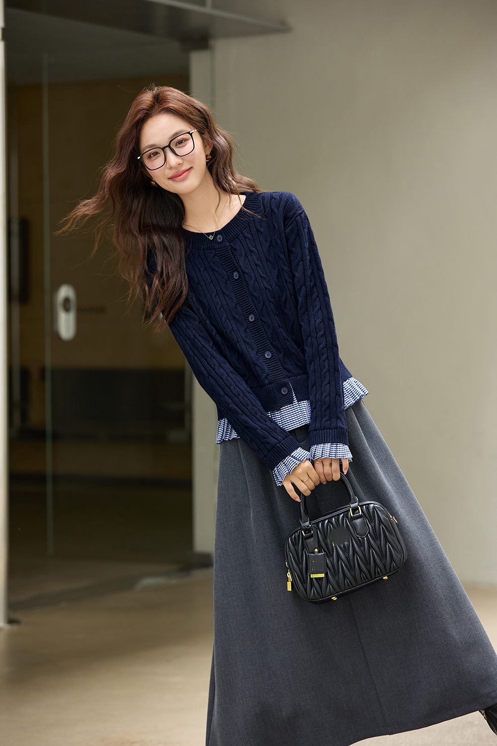 Plaid Patchwork Navy Cable-Knit Top-VIMLYSTORE
