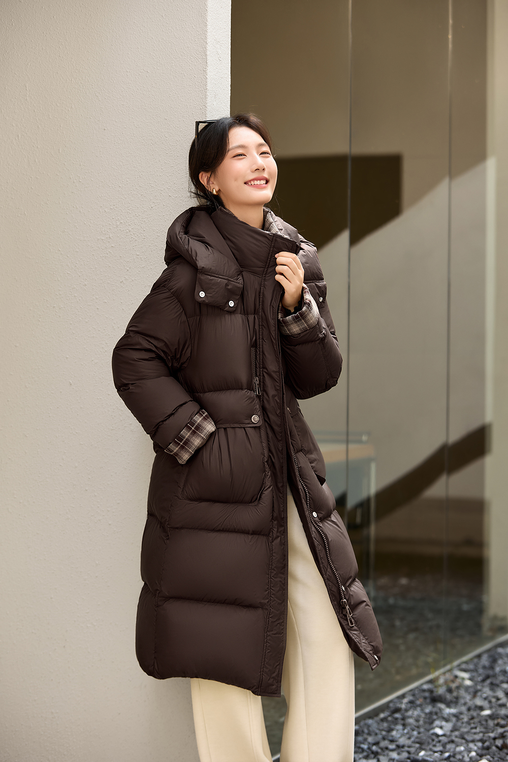 Brown Patchwork Plaid Hooded Down Jacket-VIMLYSTORE