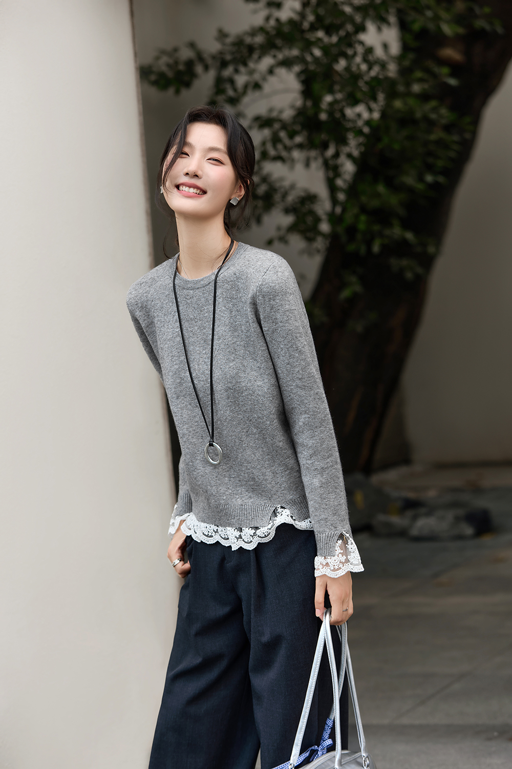Grey Lace-Trimmed Crewneck Knit Top