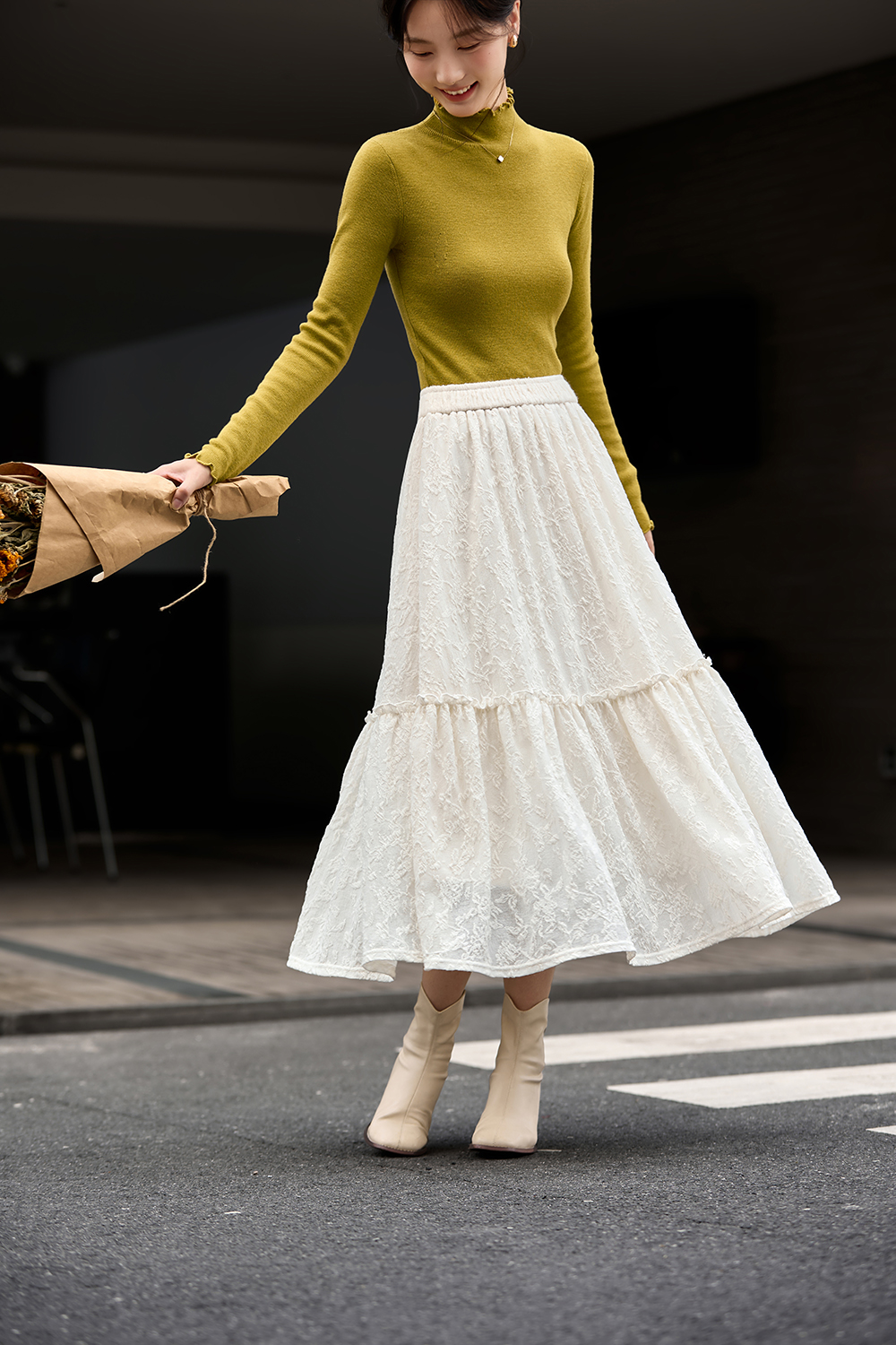 French Brushed Lace Panel Midi Skirt