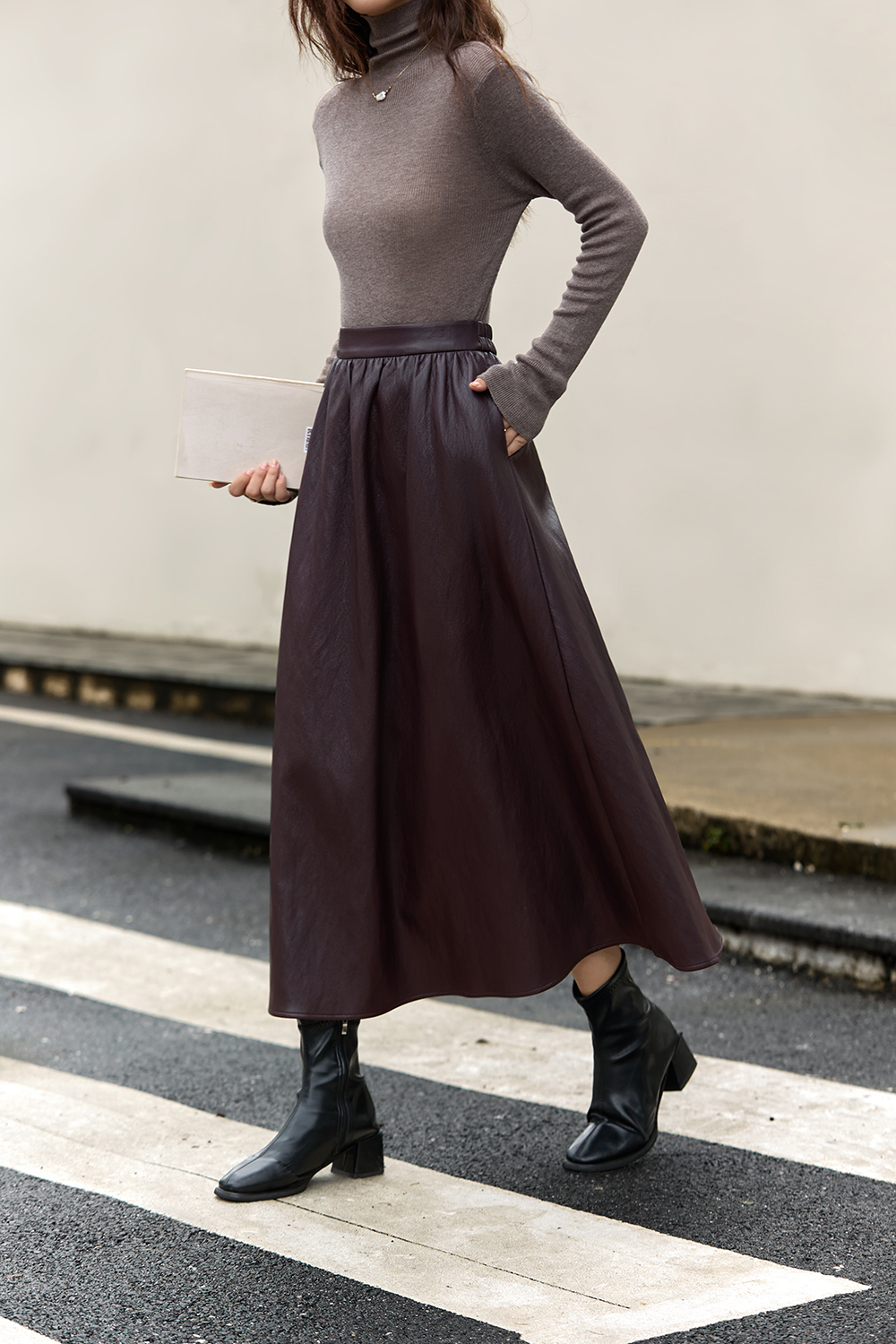 French Leather Midi Skirt