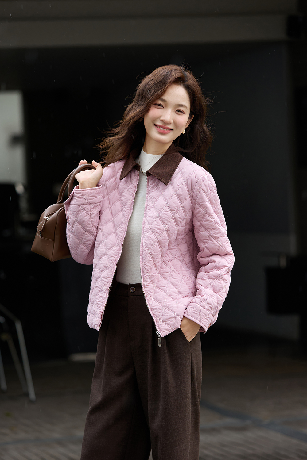 Color-Block Lapel Argyle Puffer Jacket