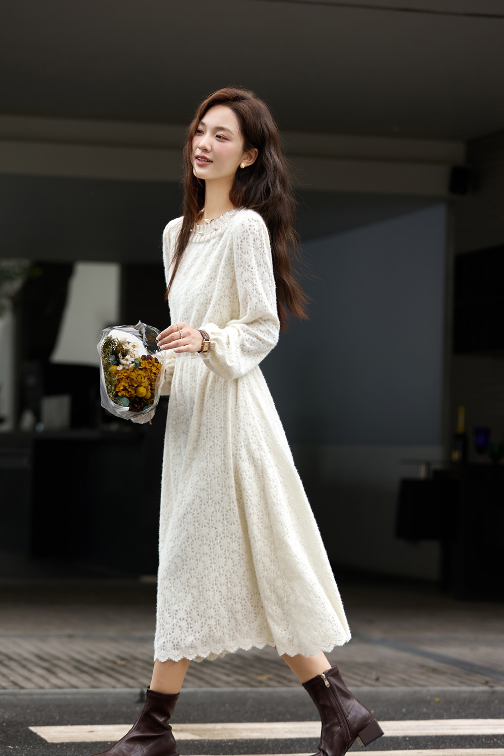 Apricot French Crewneck Lace-Trimmed Dress