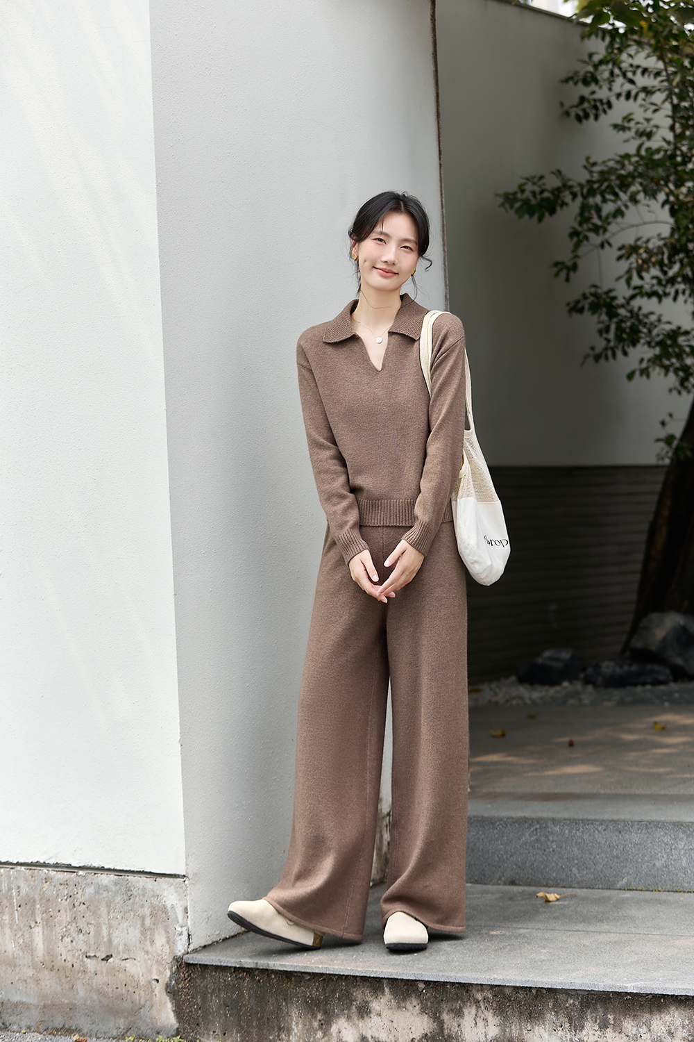 Brown Lapel Knit Set