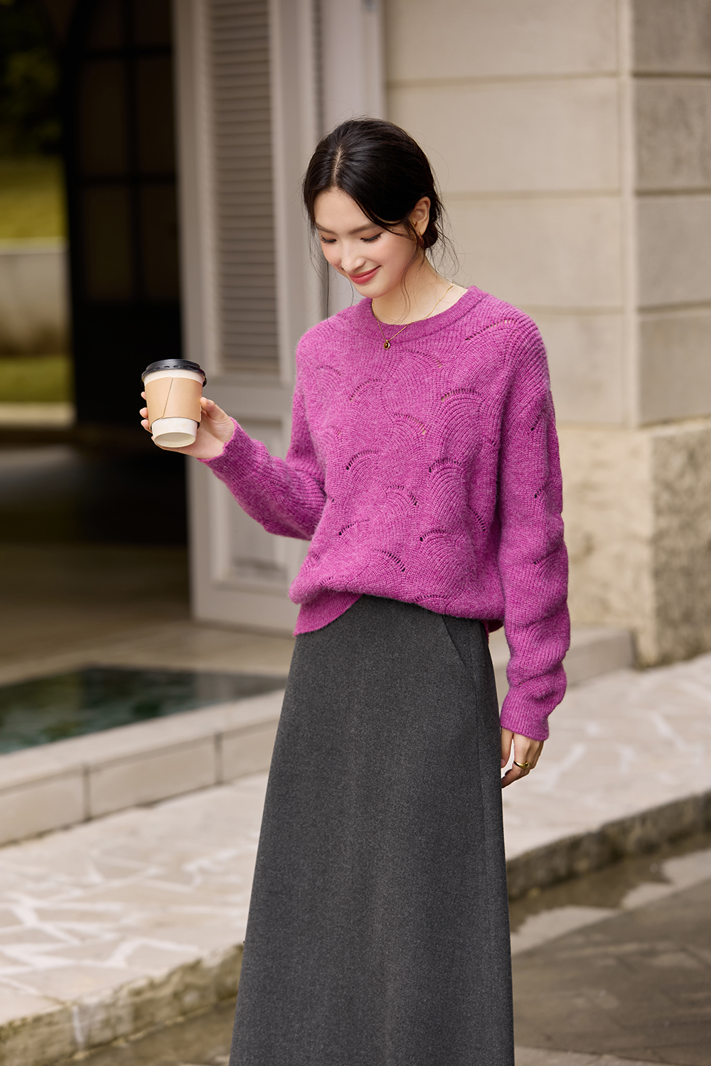 Fuchsia Openwork Pattern Crewneck Sweater