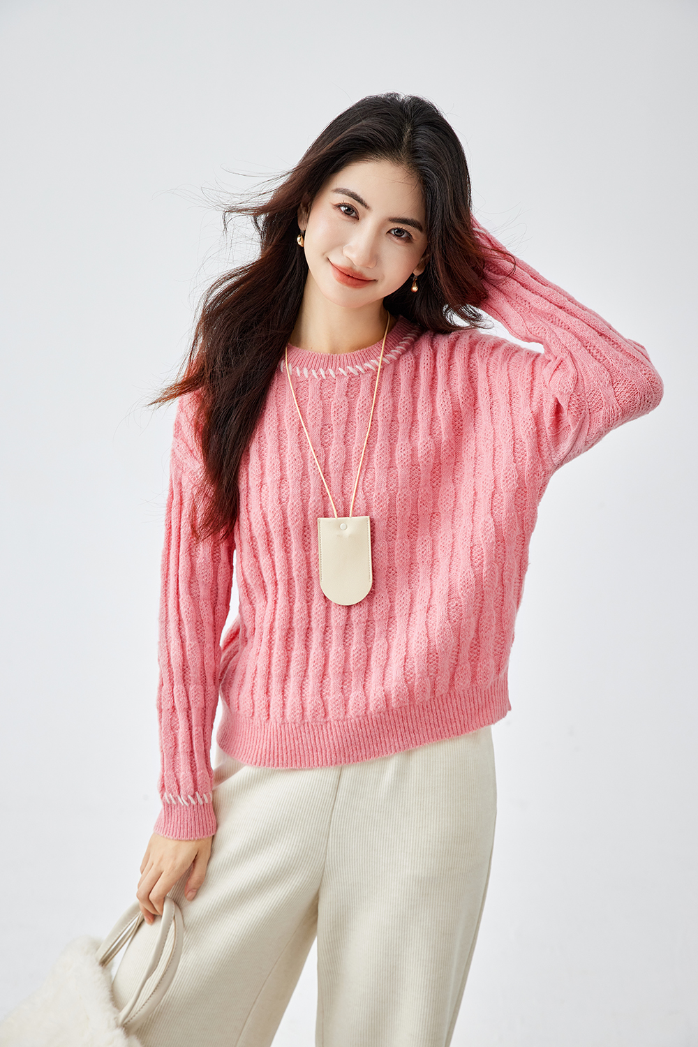 Pink Slouchy Cable-Knit Sweater