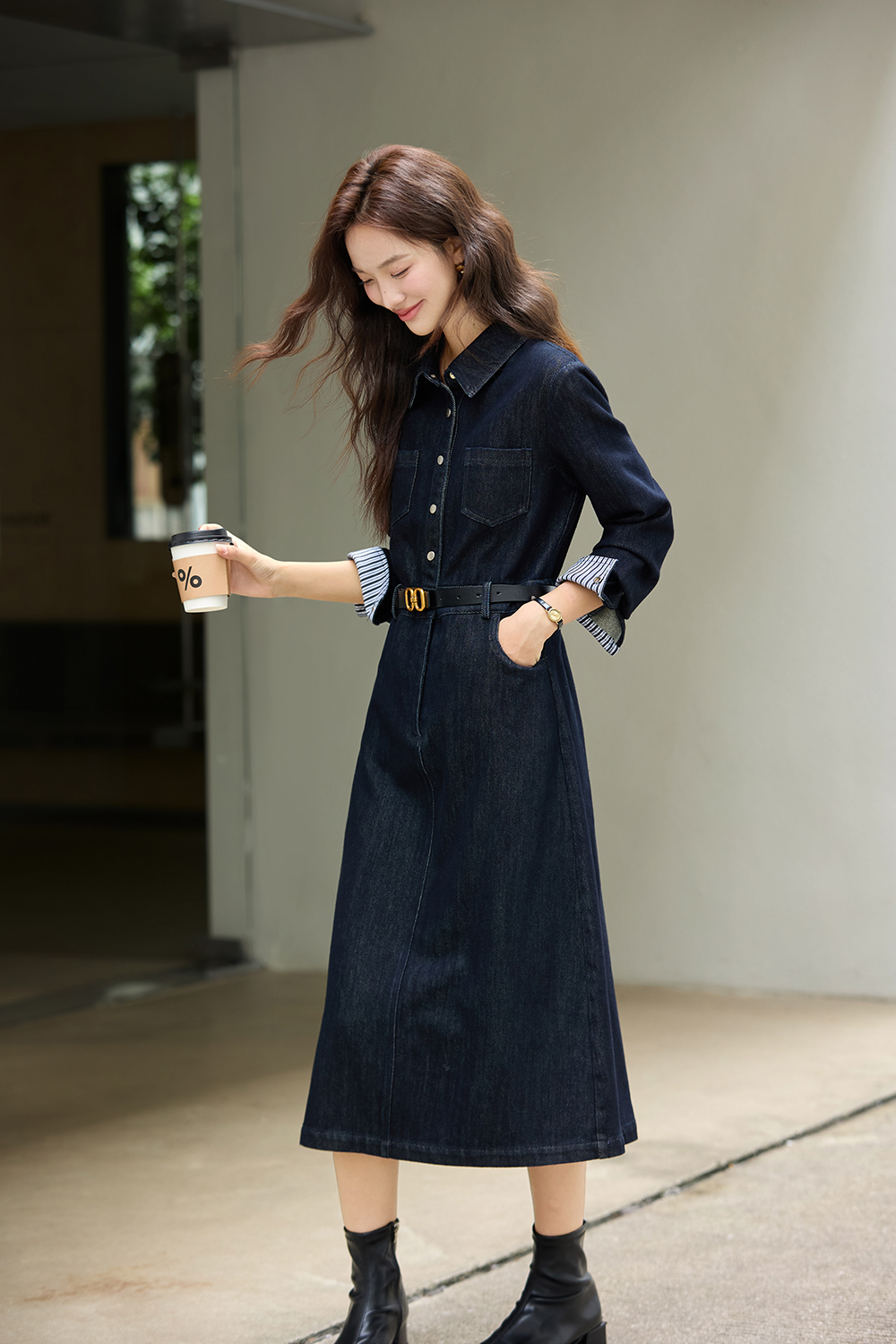 Blue Vintage Lapel Fleece-Lined Denim Dress