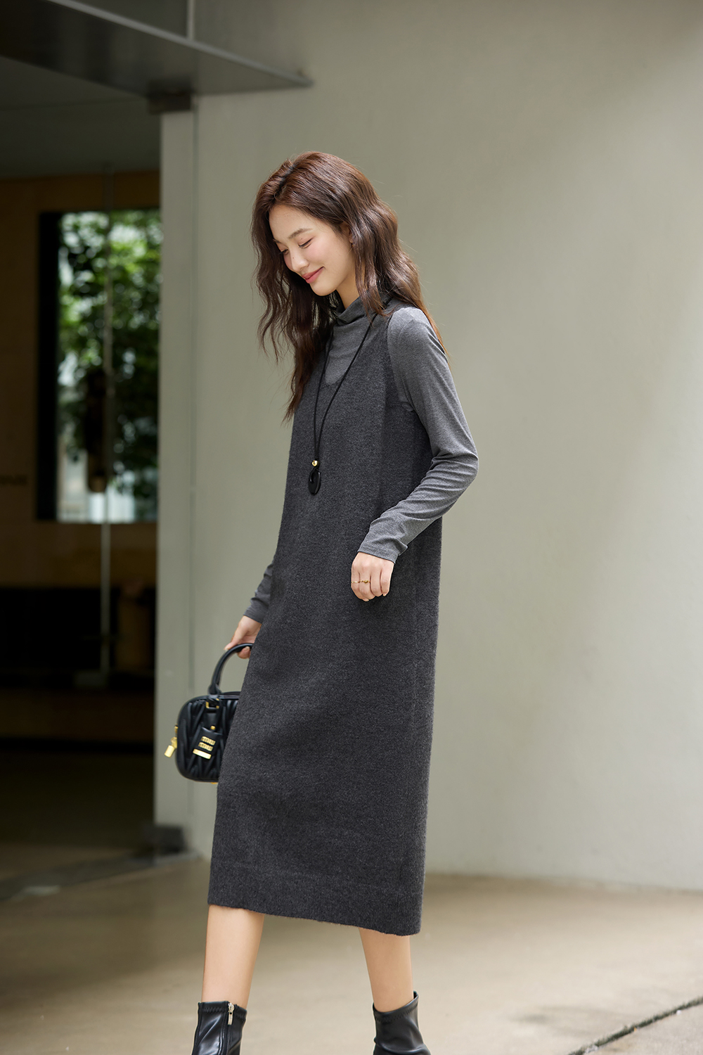 Gray Undershirt & Camisole Dress Set