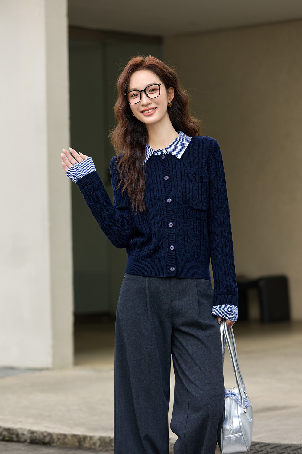 Navy Blue Fake Two-Piece Knitted Cardigan