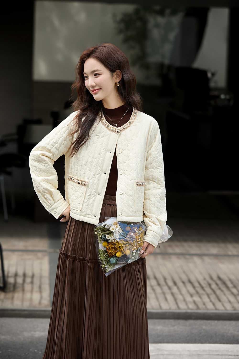 Apricot Ribbon Crew Neck Cotton Padded Jacket