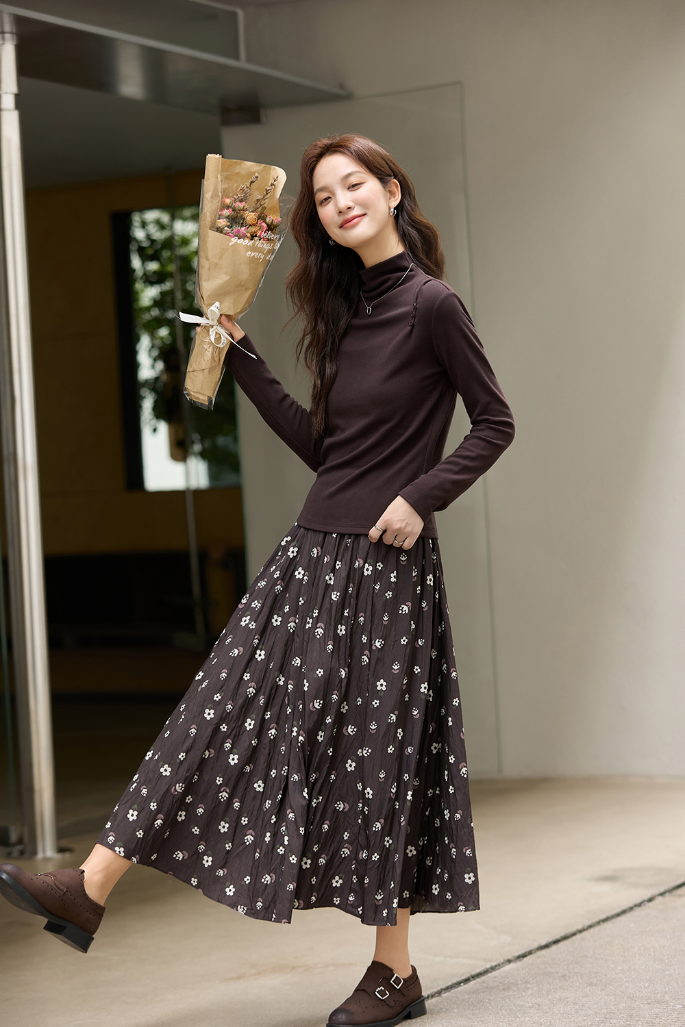 Coffee Floral Print Dress Set