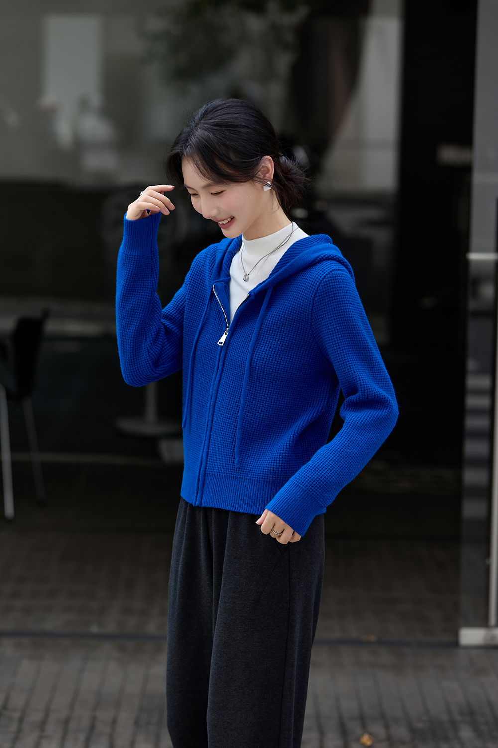 Blue Hooded Zippered Knitted Cardigan