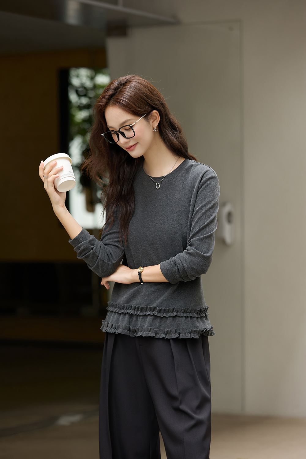 Grey Double-Layer Ruffled Trim Brushed T-Shirt