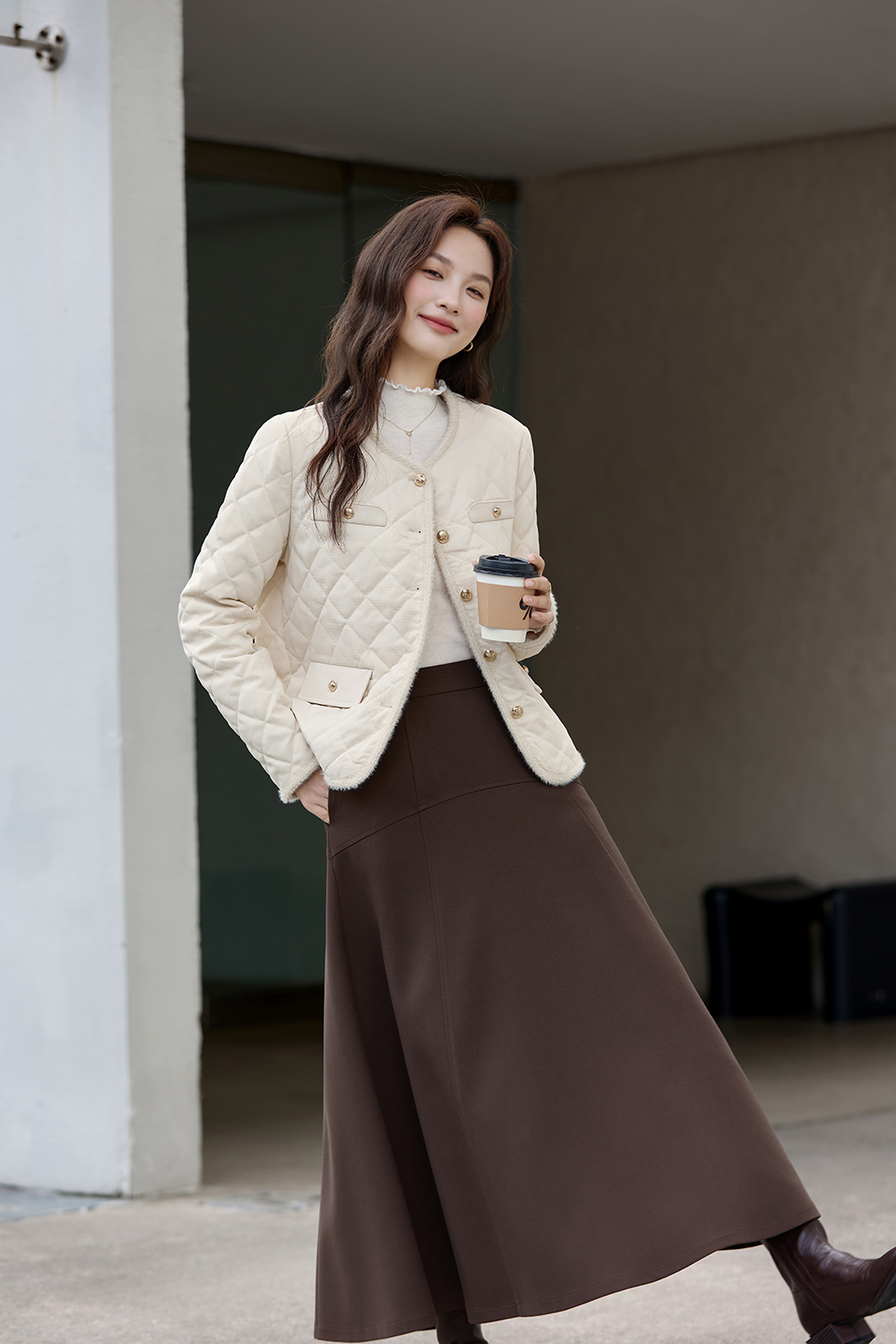 Apricot Argyle Crewneck Cotton-Padded Coat