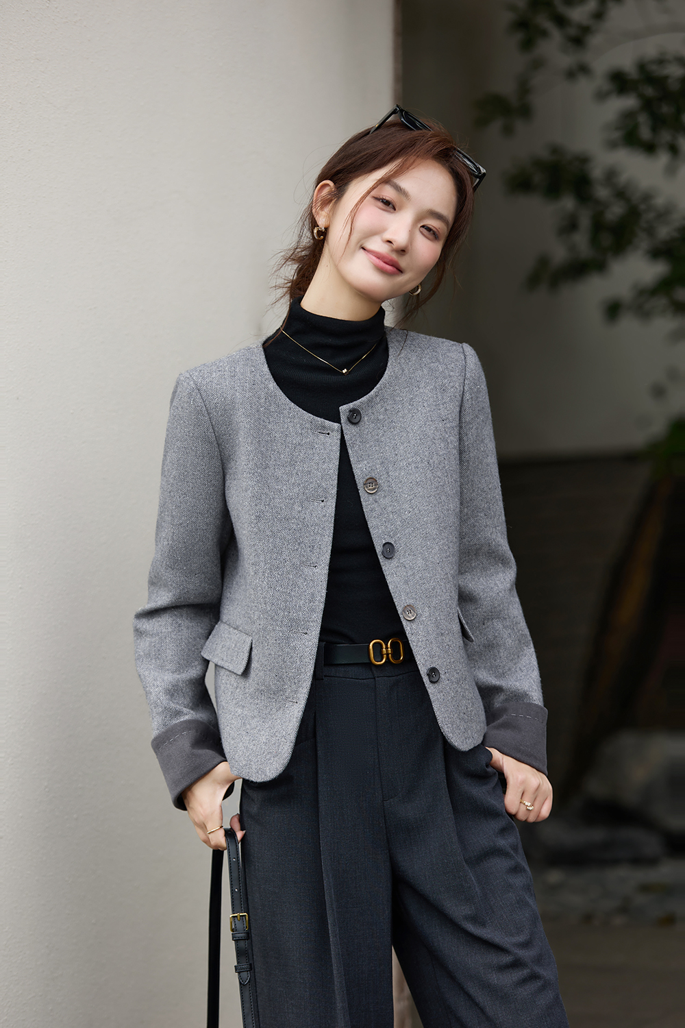 Grey Crewneck Wool Blend Coat