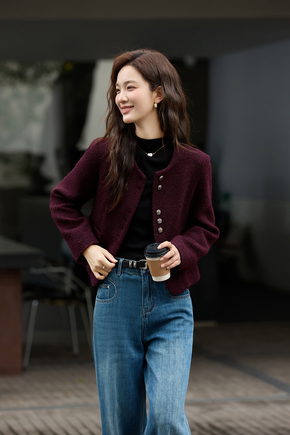 Purple Crewneck Wool Blend Coat