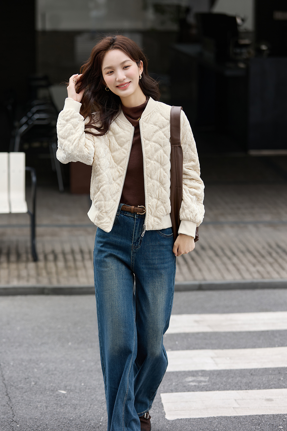 Apricot Argyle Velvet Varsity Cotton-Padded Jacket