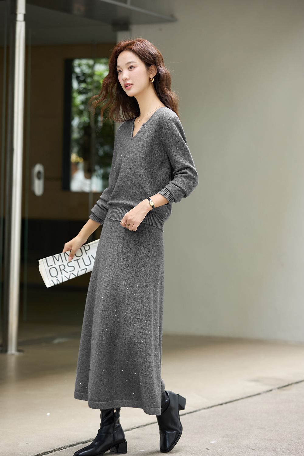 Grey Casual Knitted Suit Set