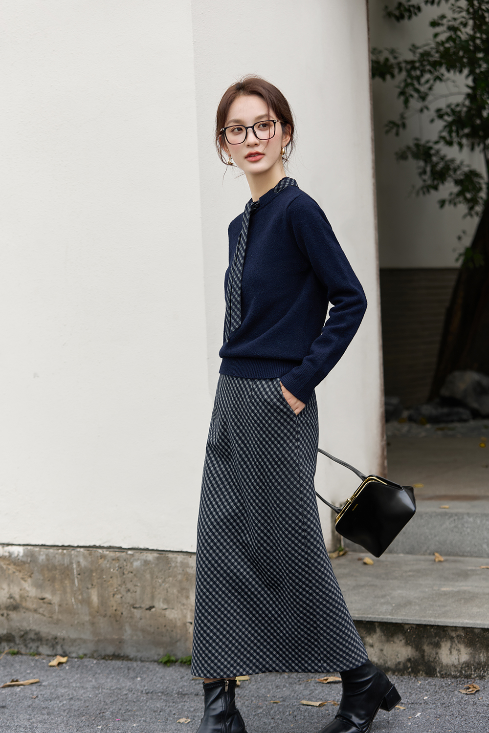 Navy Blue Plaid Office Suit Set