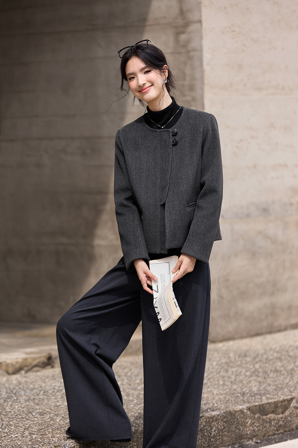 Grey French-Style Crewneck Wool Blend Coat