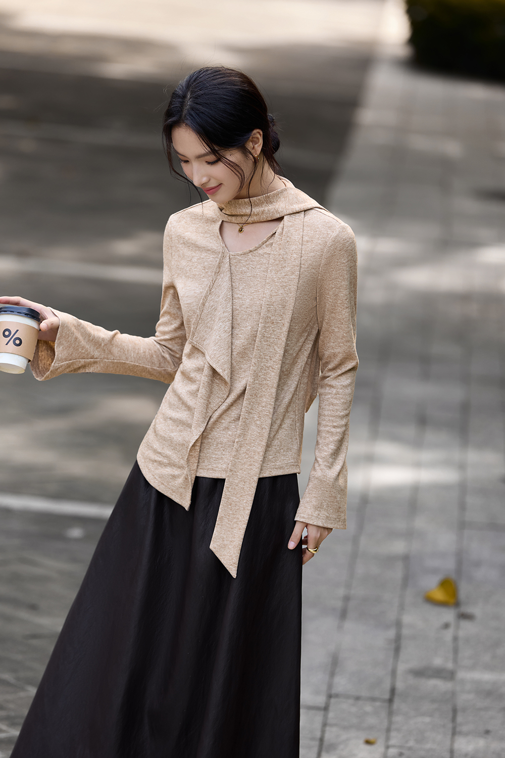 Asymmetric Ruffled Streamer Long-Sleeve T-Shirt