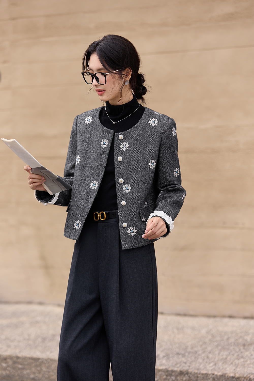 Heather Grey Embroidered Shorts & Jacket Set