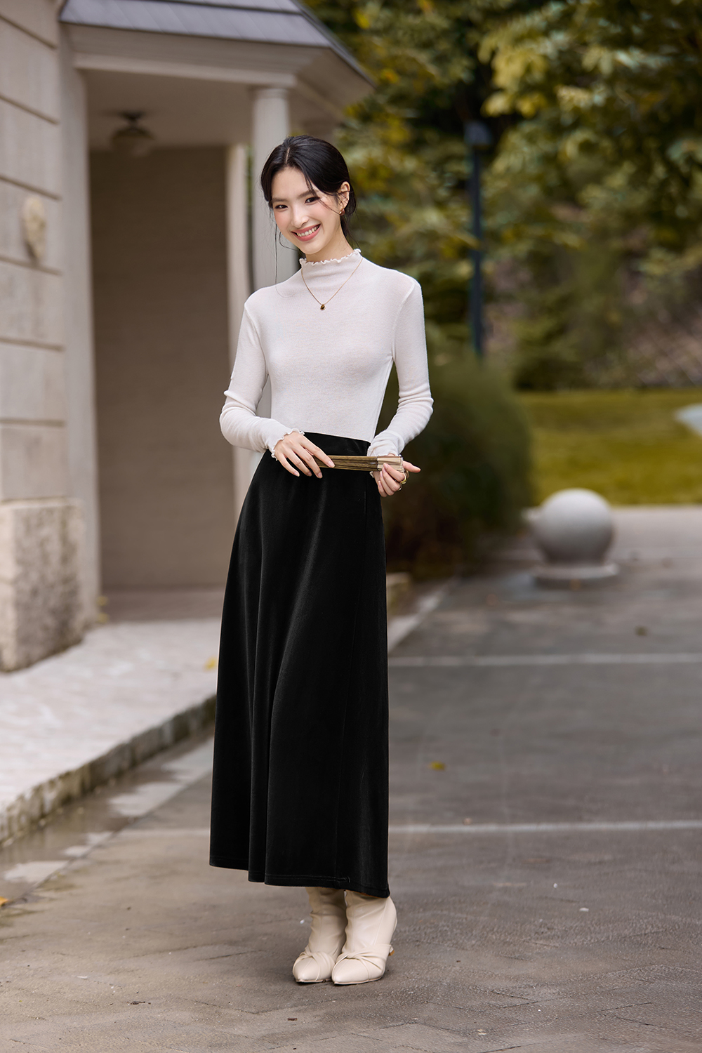 Brown French-Style Knitted Velvet Midi Skirt
