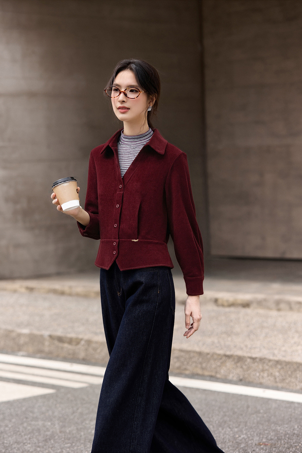Apricot-Coffee Layered-Look Stand-Collar Shirt