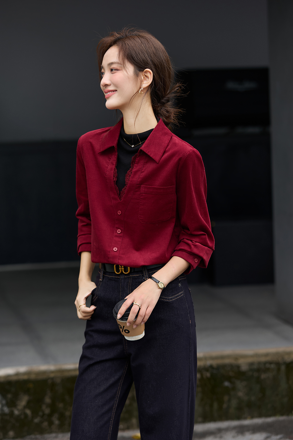 Red-Black French-Style Layered-Look Long-Sleeve Shirt