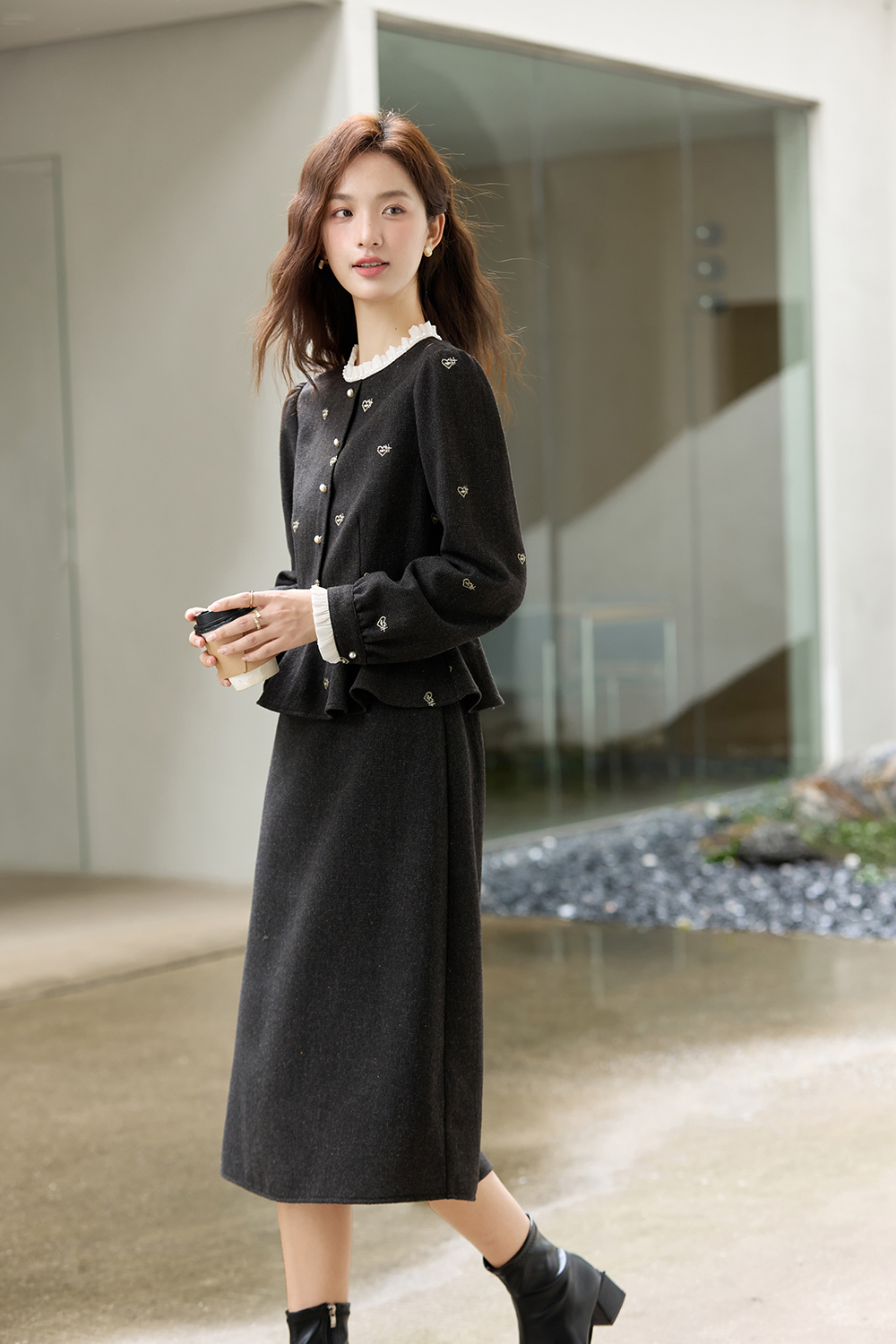 Grey Layered-Look Crewneck Dress