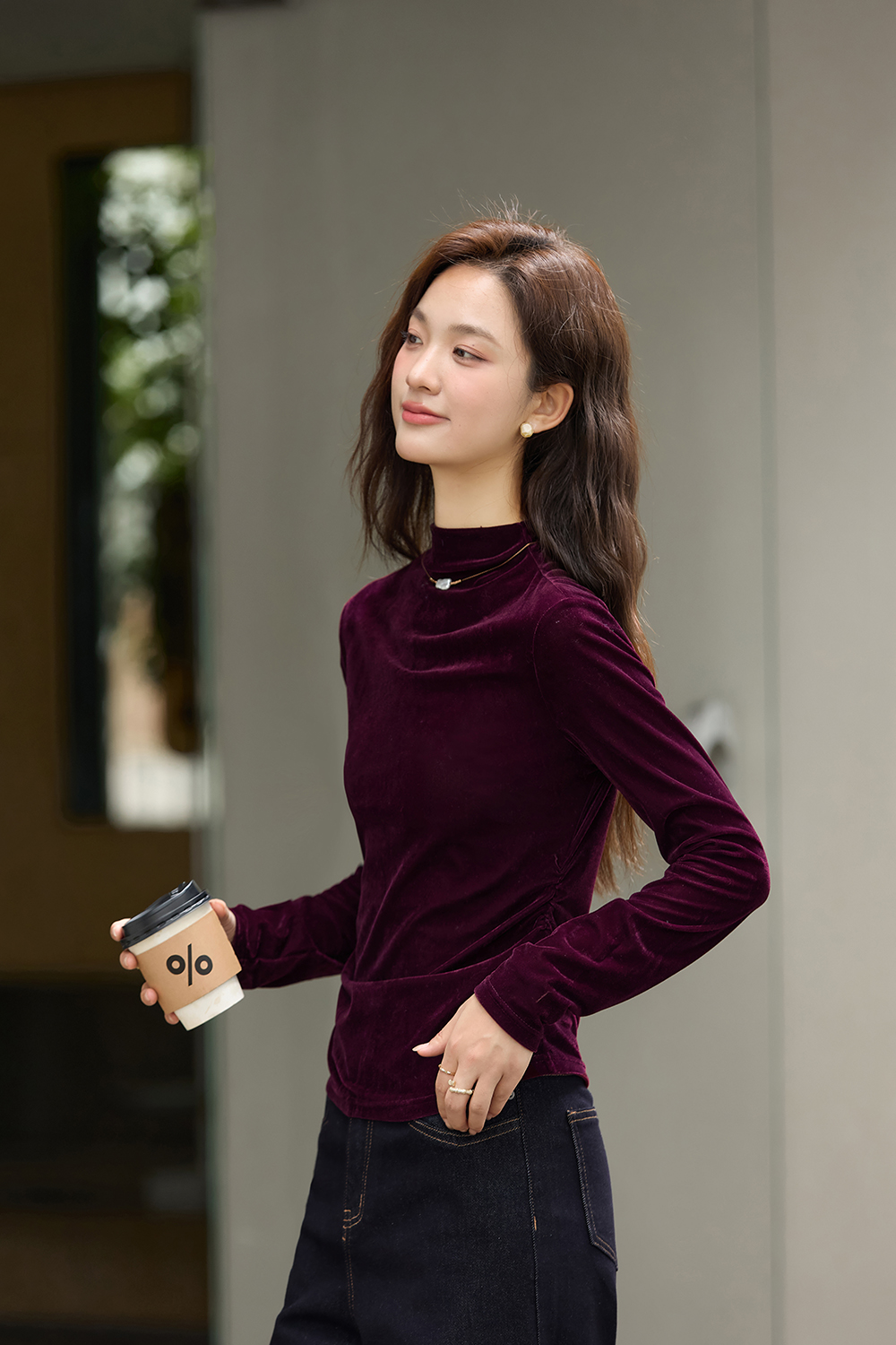Red Mock Neck Velvet Long-Sleeve Top