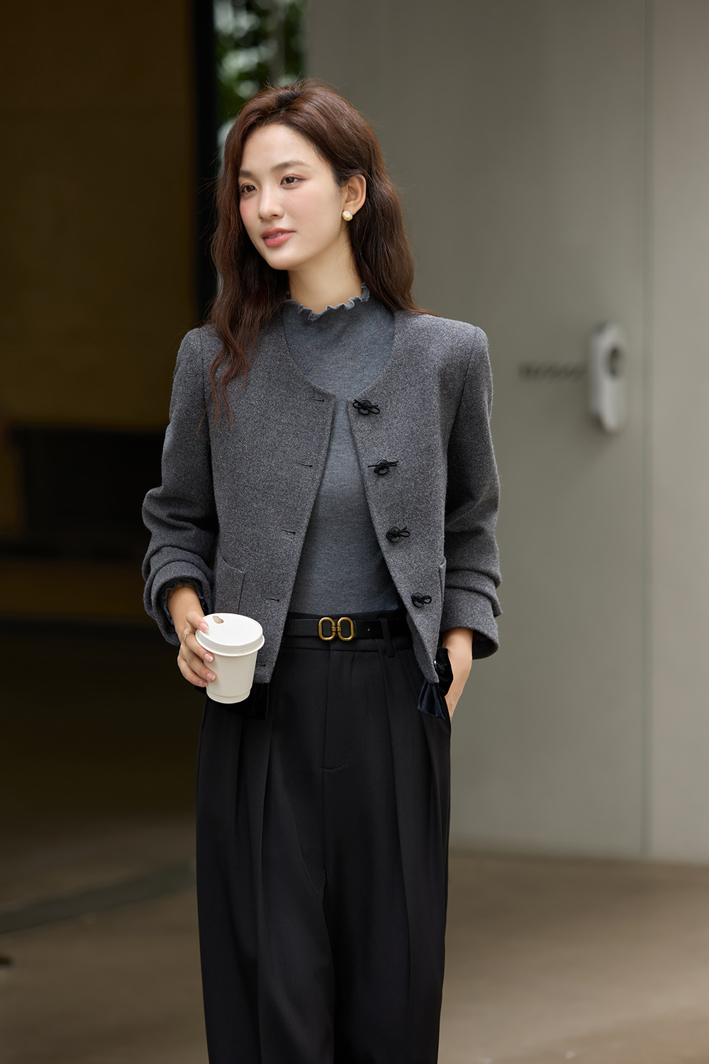 Grey Ruffled Paneled Short Jacket