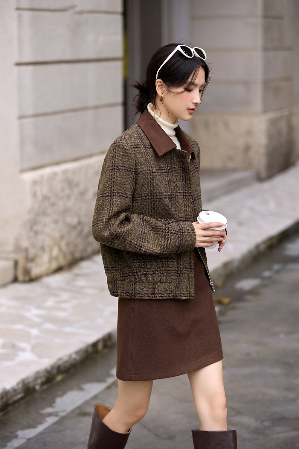 Brown Plaid Collared Short Coat