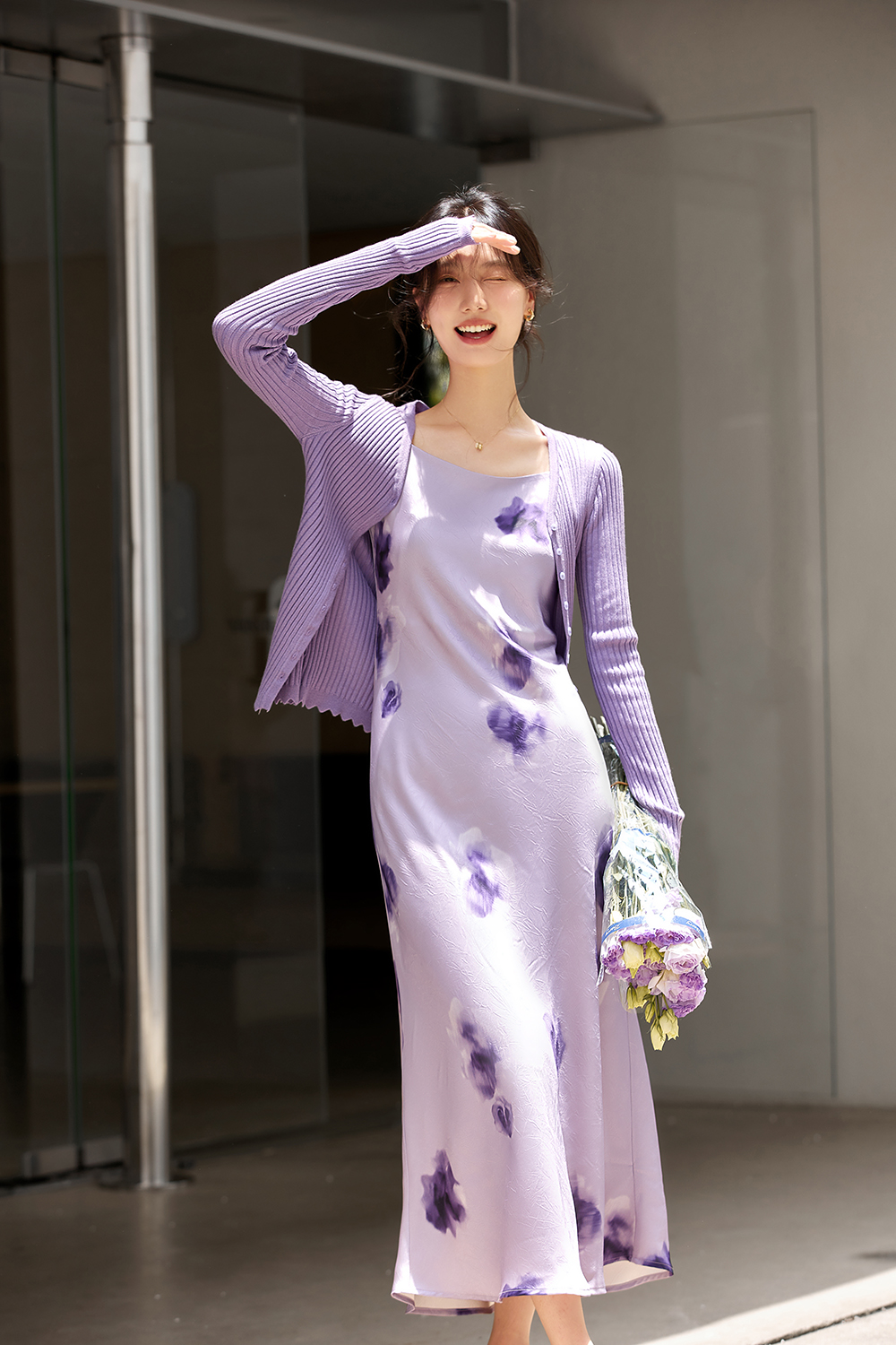 Purple slim knit cardigan printed skirt with suspenders-VIMLYSTORE