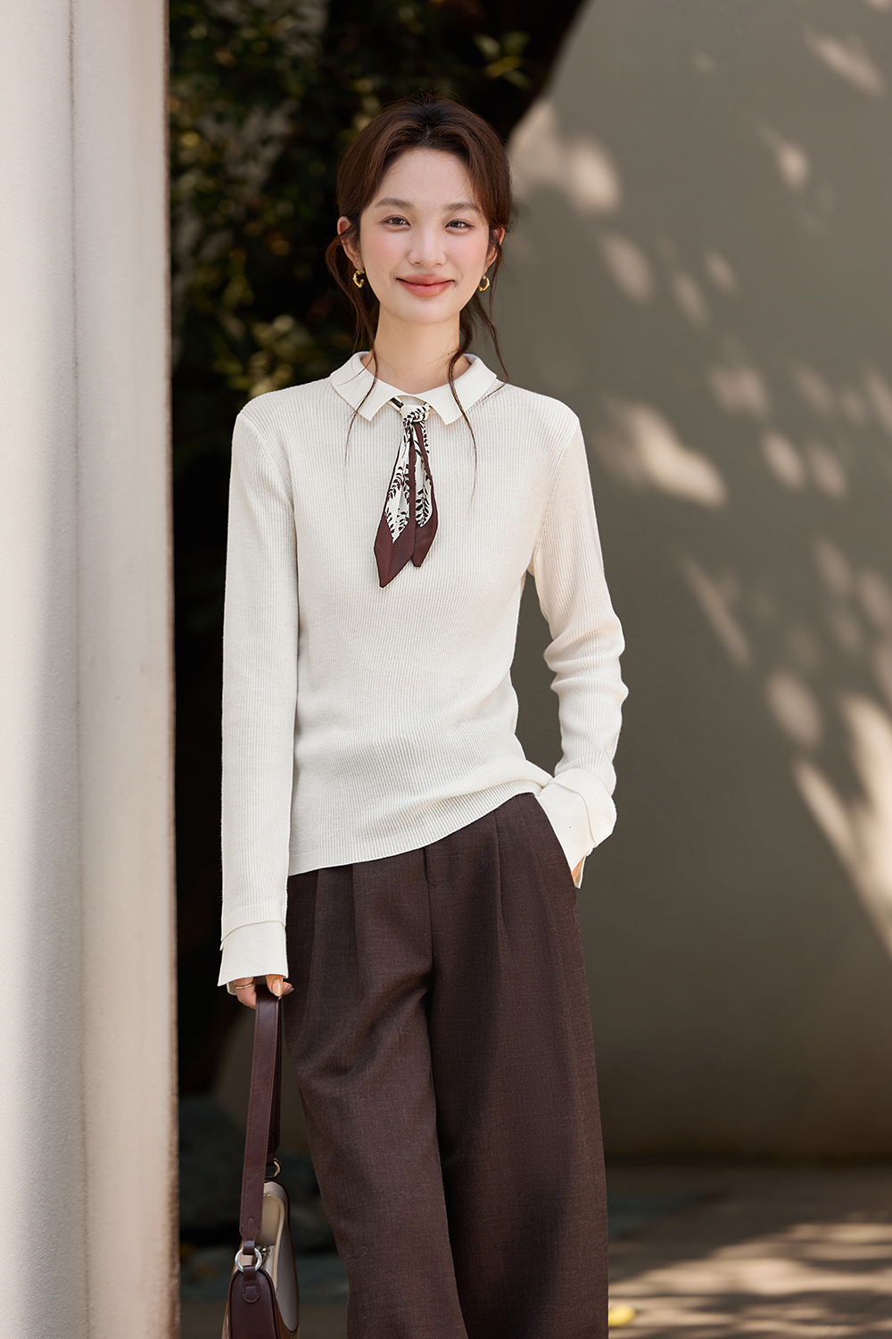 Turn - down collar long - sleeve knitted sweater