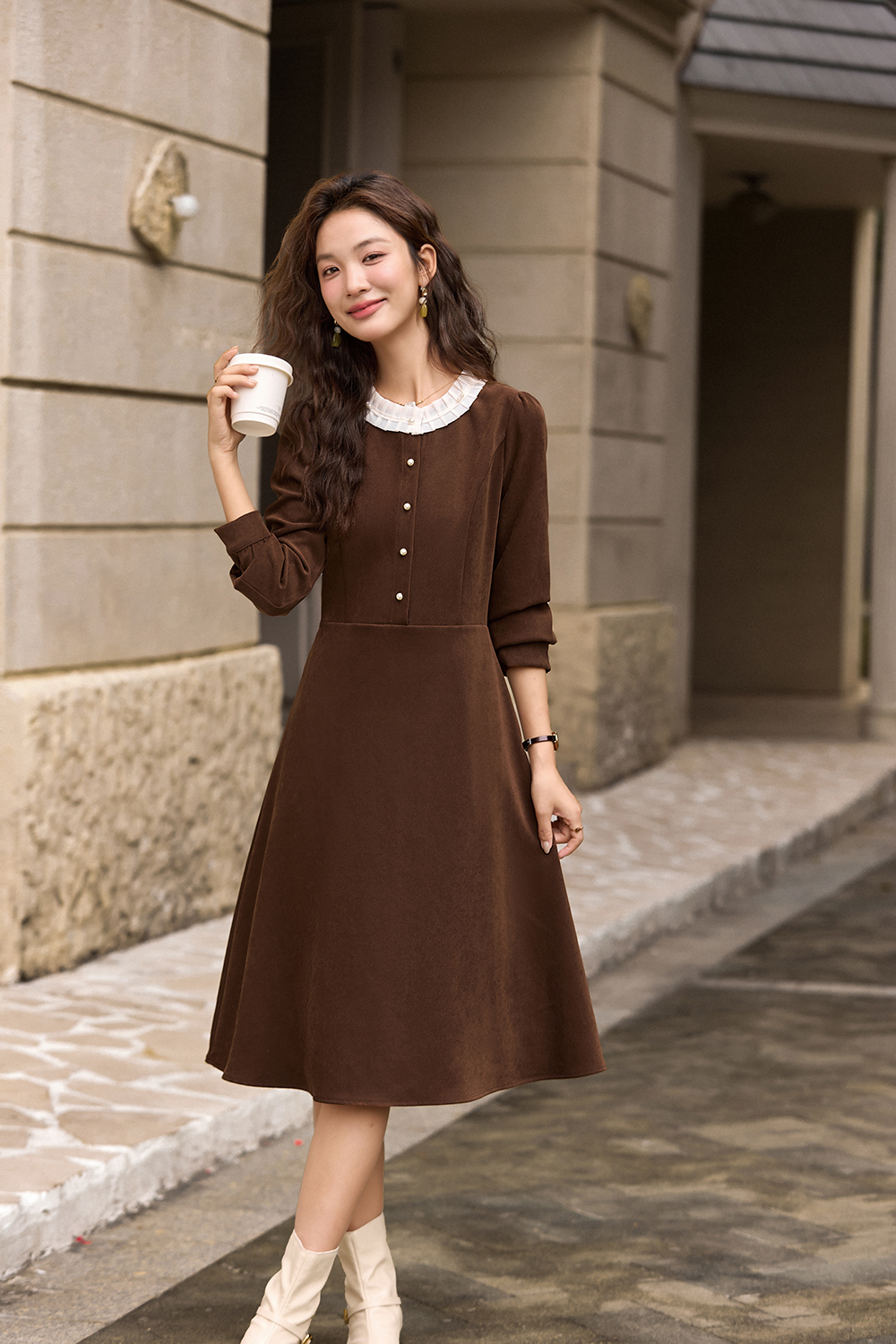 Brown French lace - trimmed crew - neck dress