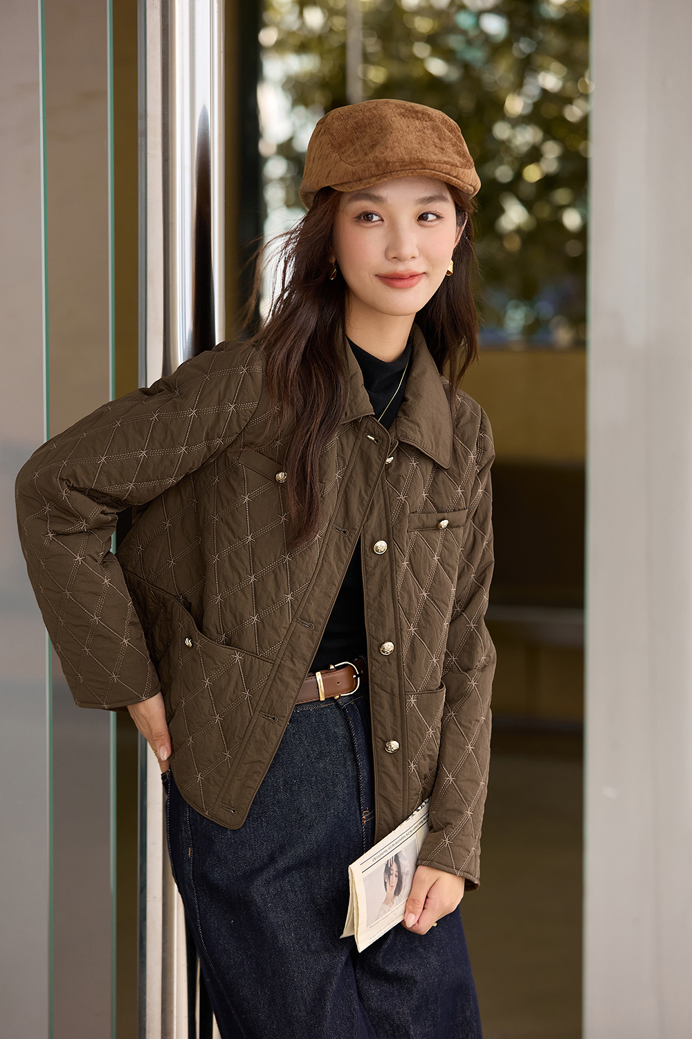 Vintage Diamond Grid Cropped Puffer Coat