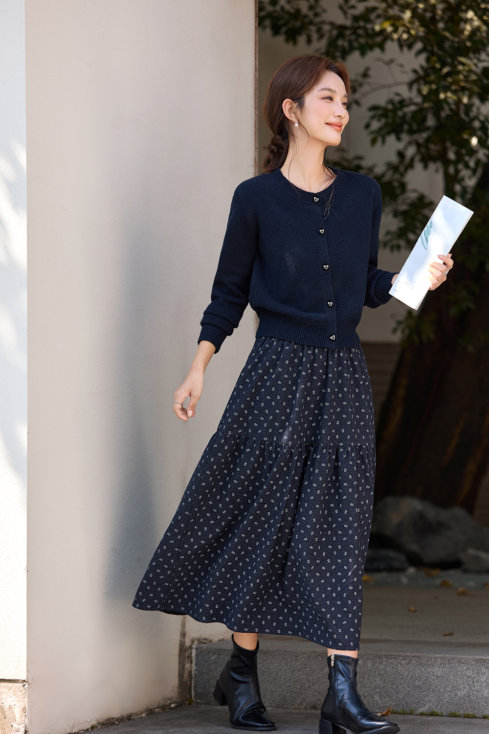 Navy blue cardigan floral dress set