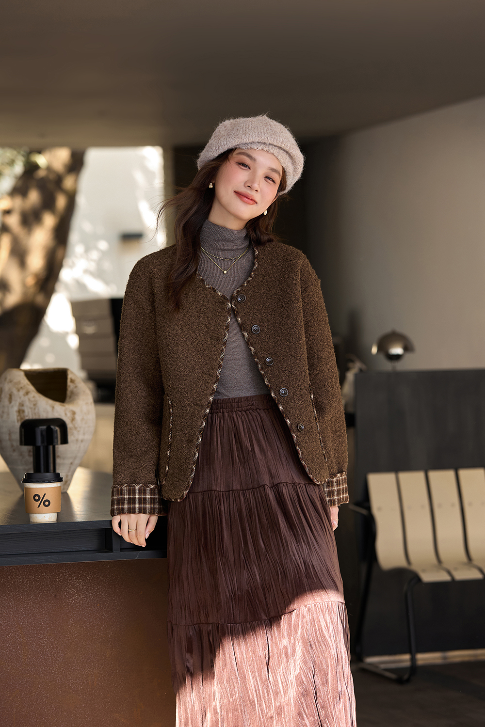 Color - block checkered woolen coat