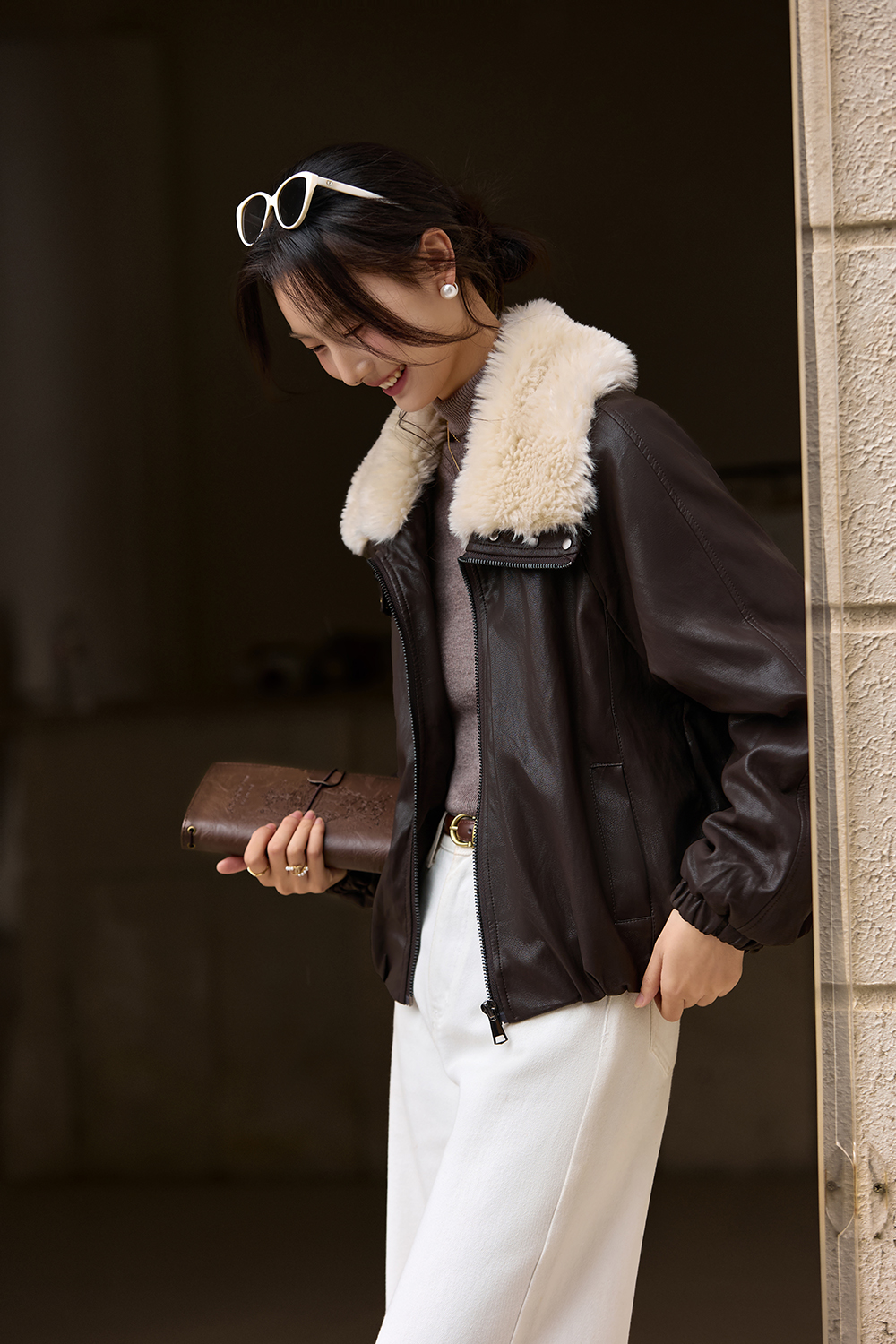Fur - collared leather jacket