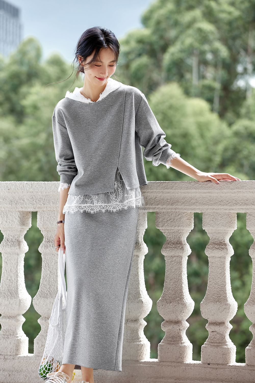 Grey casual lace hooded tops and skirts-VIMLYSTORE