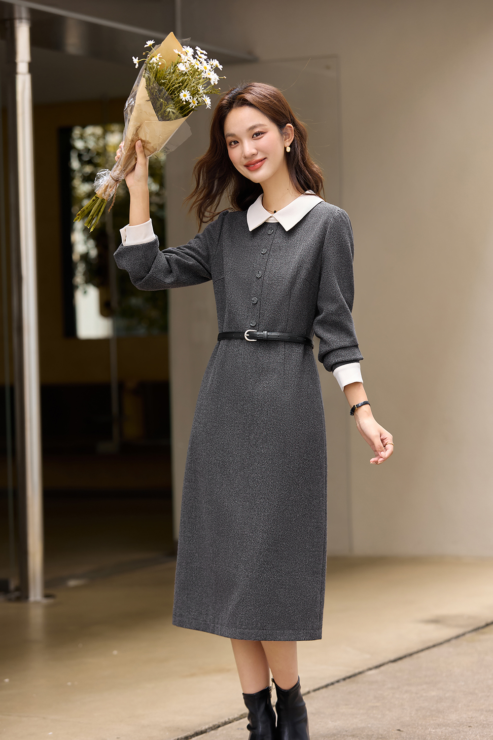 Color-blocking Lapel Dress