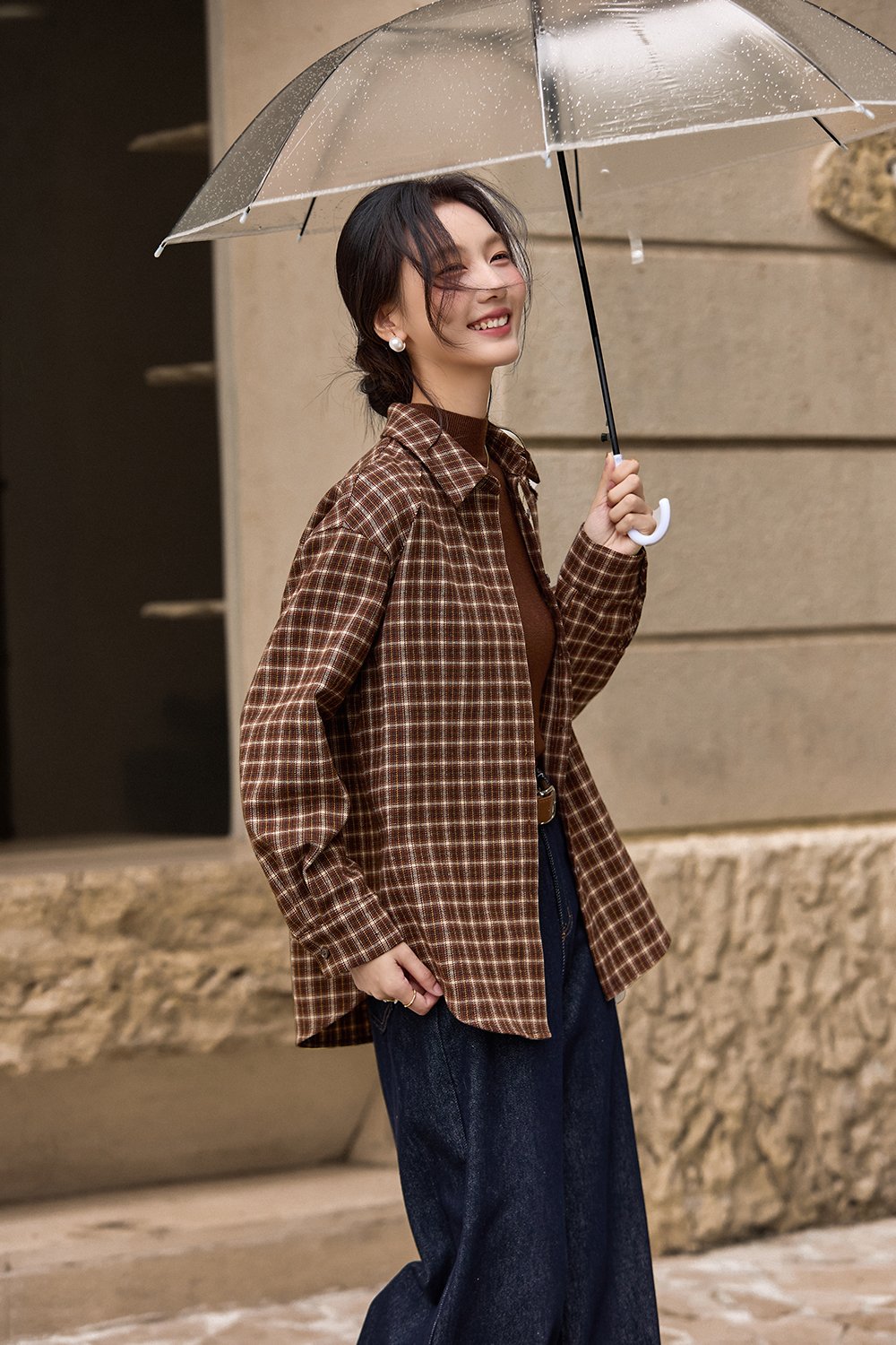 Brown Lapel Checkered Shirt