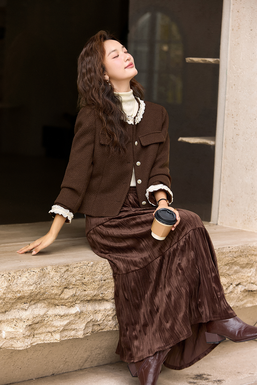Coffee Color Patchwork Lace Coat