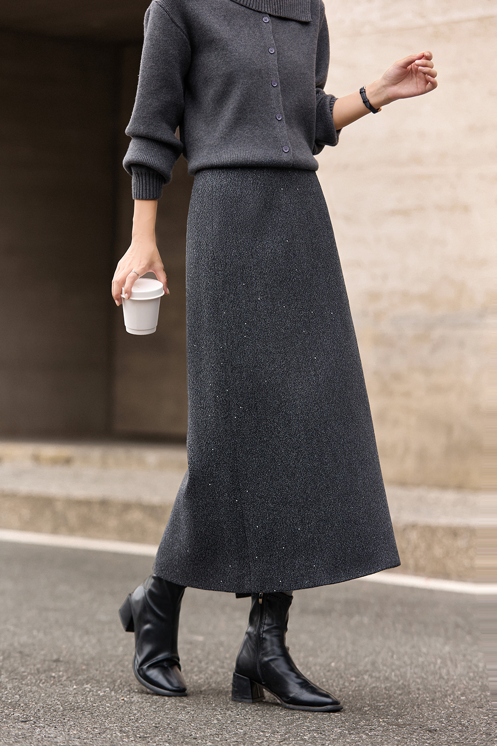 Gray Shimmer Midi Skirt