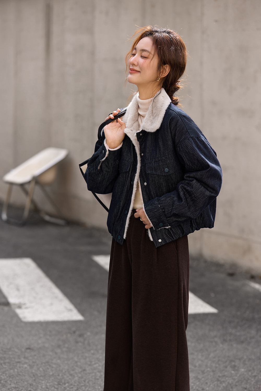 Lapel Brown Fleece-lined Denim Jacket