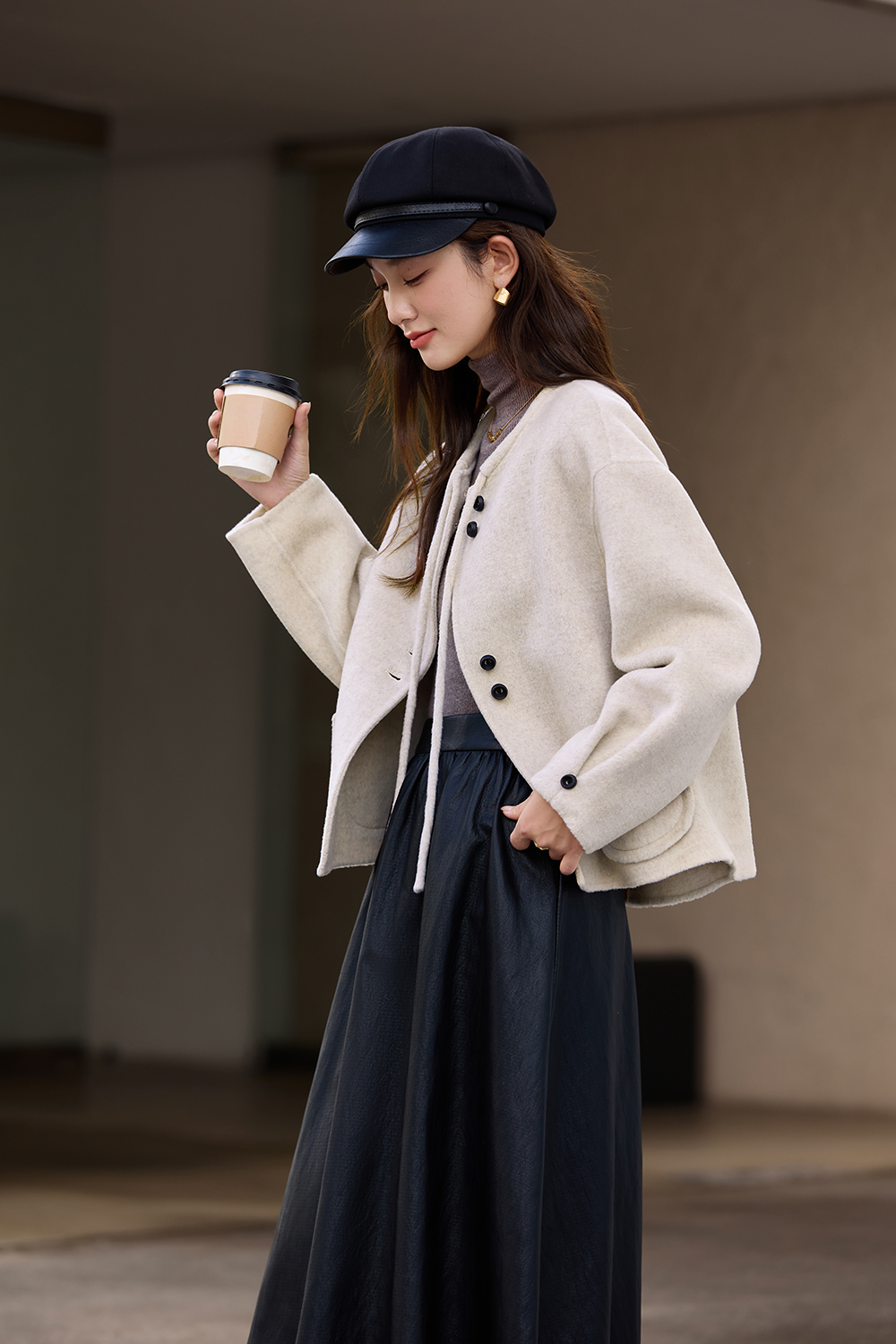 Crew neck double-sided wool coat