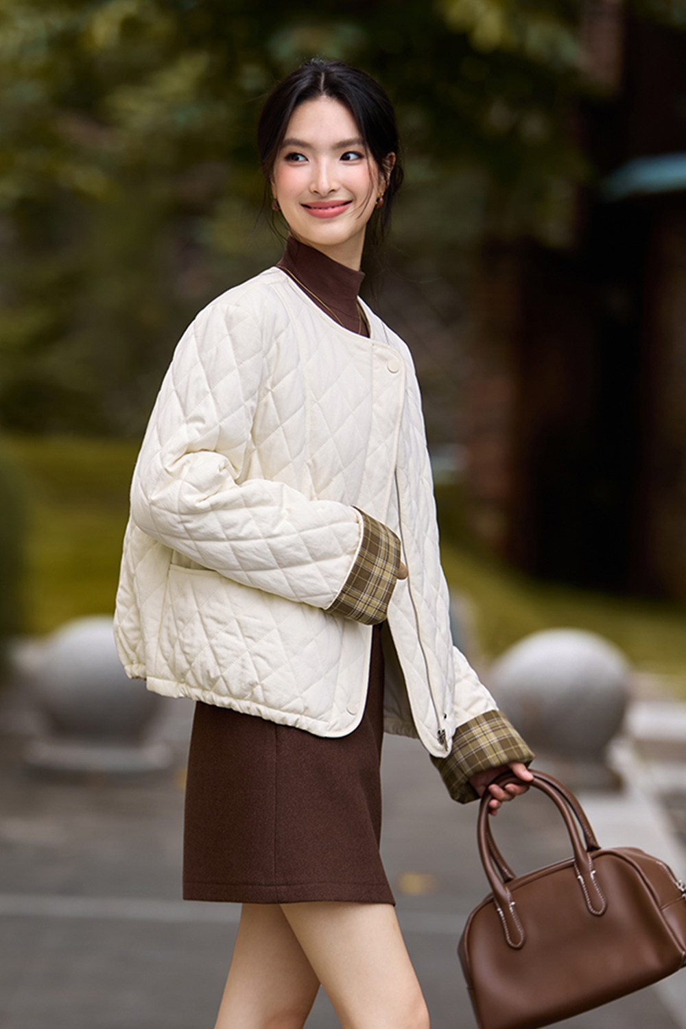 Quilted color-block short cotton-padded jacket