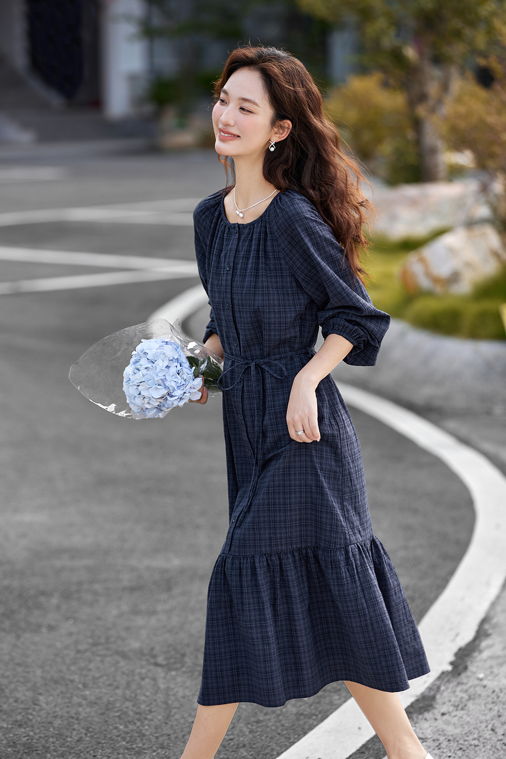 Blue Mori Check Slim Dress-VIMLYSTORE